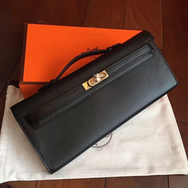 Black Epsom Fake Hermes Kelly Cut Clutch Sleek Handbag