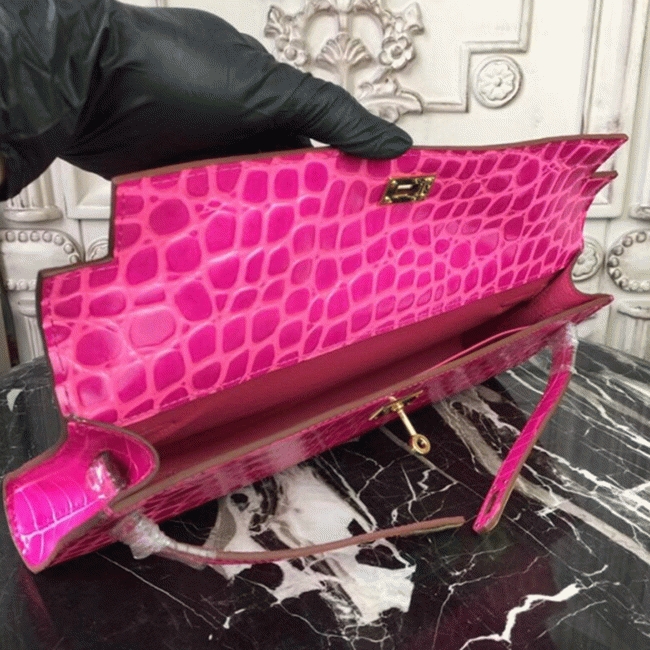 Rose Red Crocodile Replica Hermes Kelly Cut Clutch Elegant Accent Bag angle 2