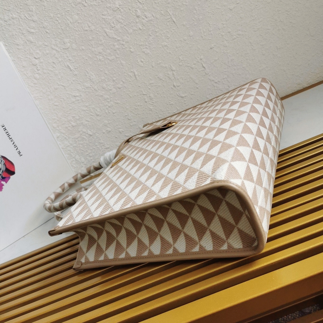 Prada Symbole Large Bag Knockoff in Beige/White Jacquard Fabric angle 2