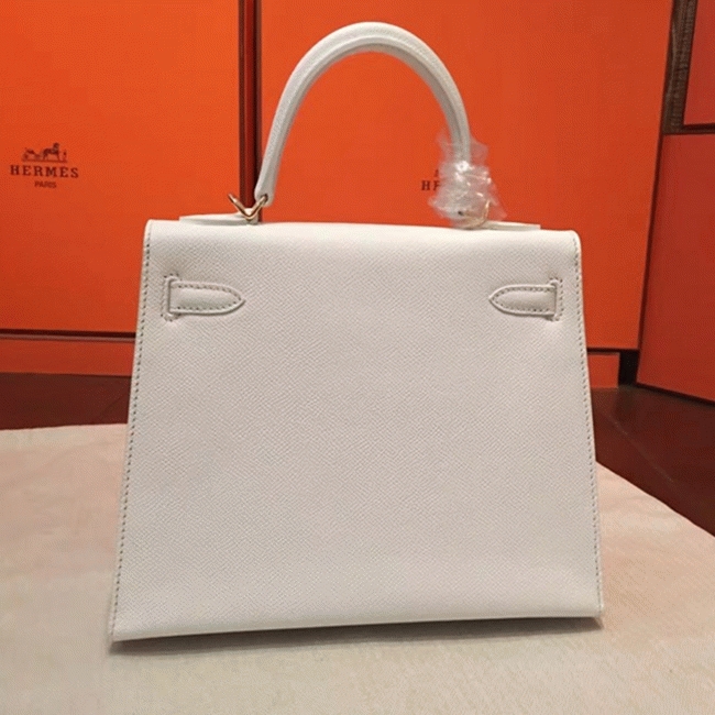 White Epsom Fake Luxury Hermes Kelly 25cm Sellier Structured Bag angle 3