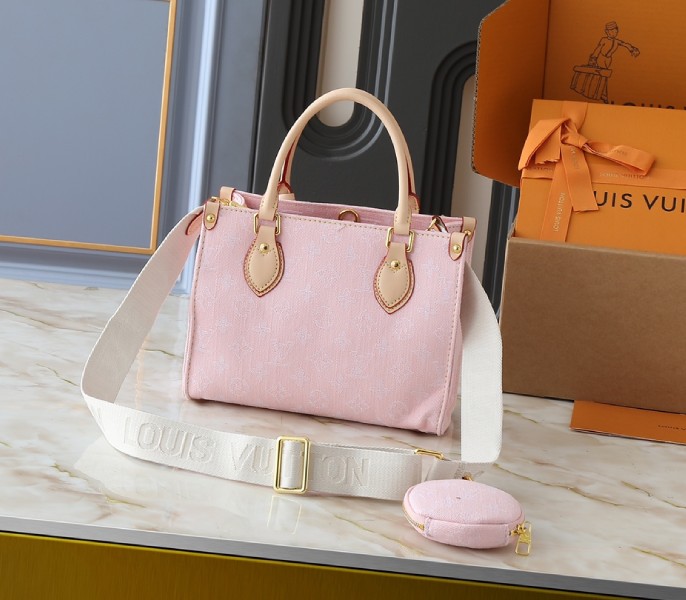 Monogram Denim OnTheGo PM In Washed Pink angle 4