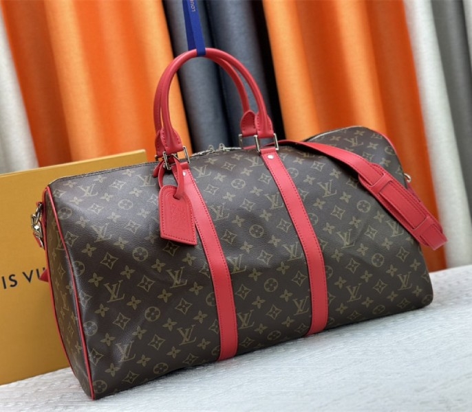 Louis Vuitton Monogram Macassar Canvas Keepall Bandouliere 50 In Sari Red angle 2