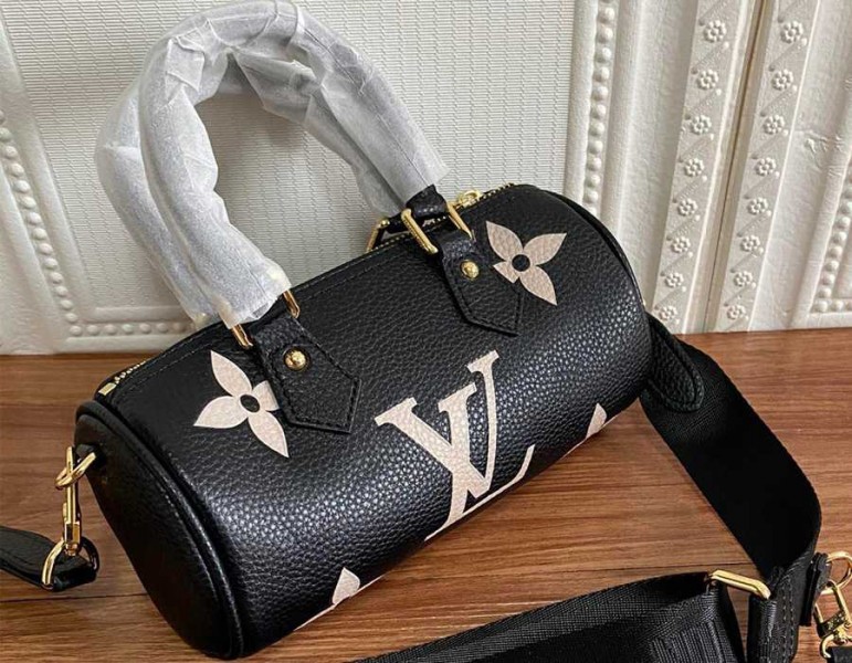 Louis Vuitton Monogram Empreinte Papillon BB Bag In Black And Beige angle 2