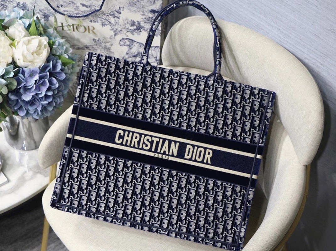Dior Large Book Tote Bag Replica in Blue Oblique Embroidered Velvet angle 5