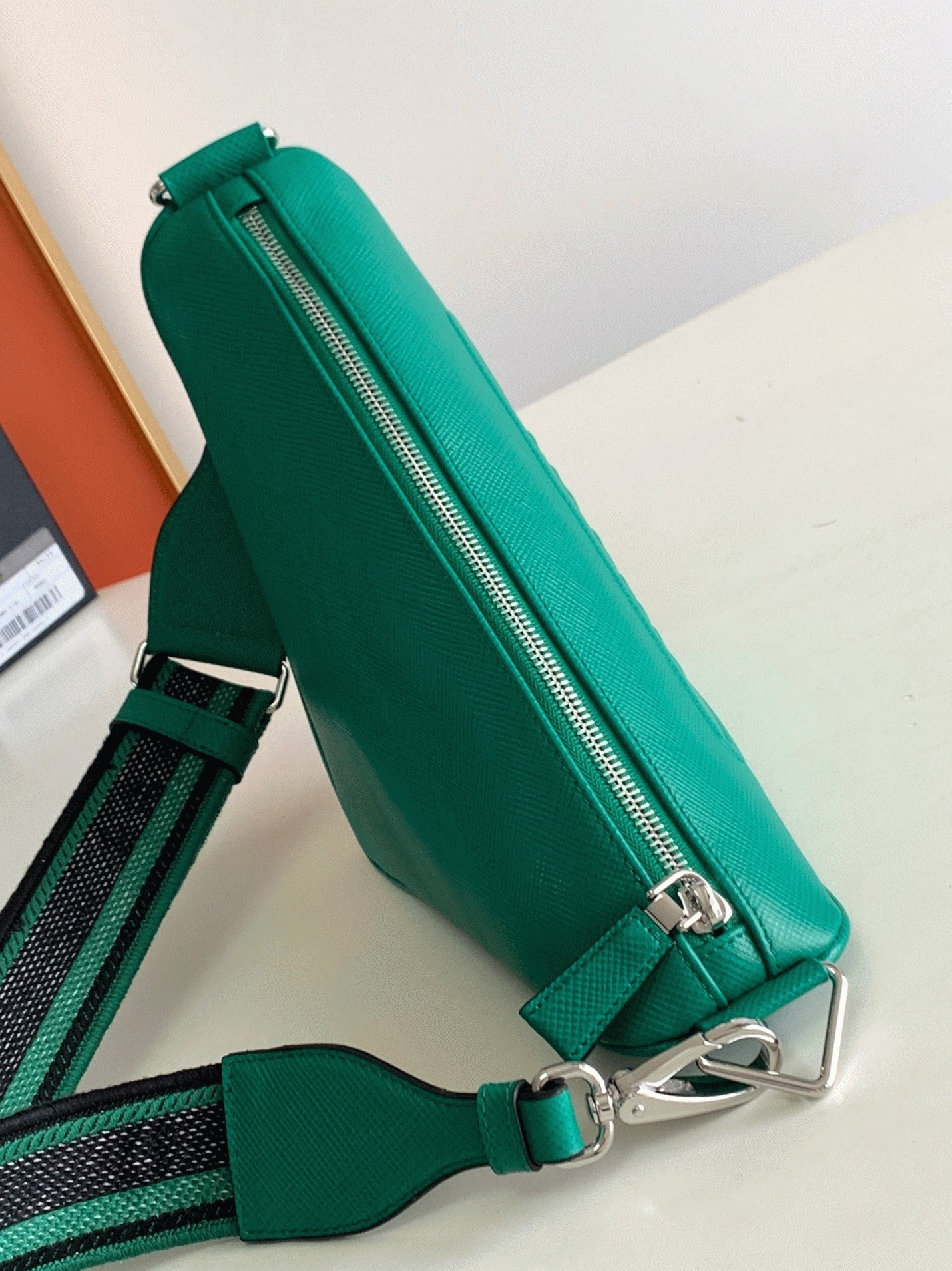 Prada Triangle Shoulder Bag Fake in Green angle 4