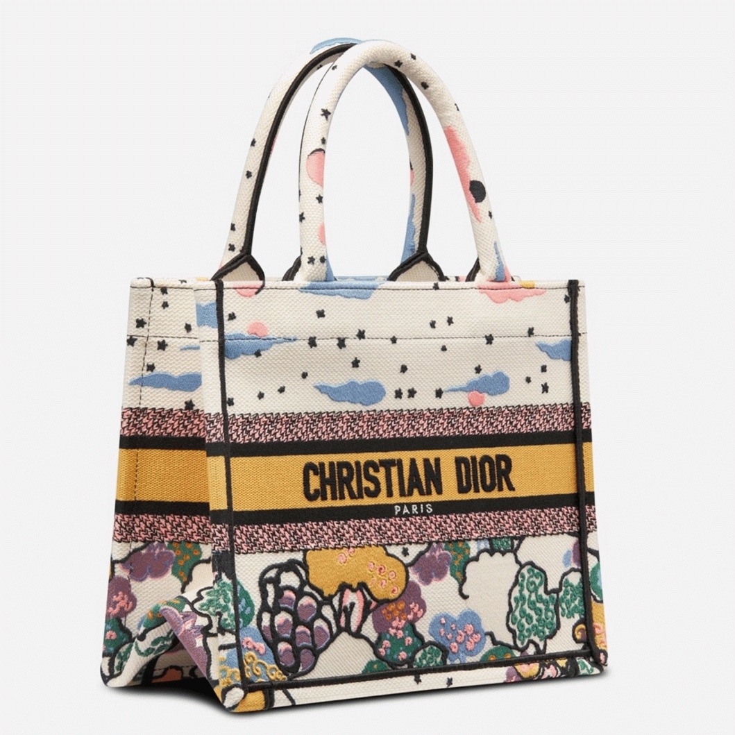 Dior Large Book Tote Bag Faux in White Pixel Zodiac Embroidery