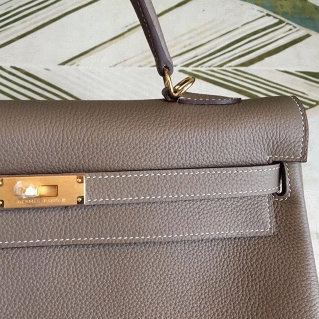 Taupe Clemence Knockoff Hermes Kelly 35cm Soft Leather Tote angle 5