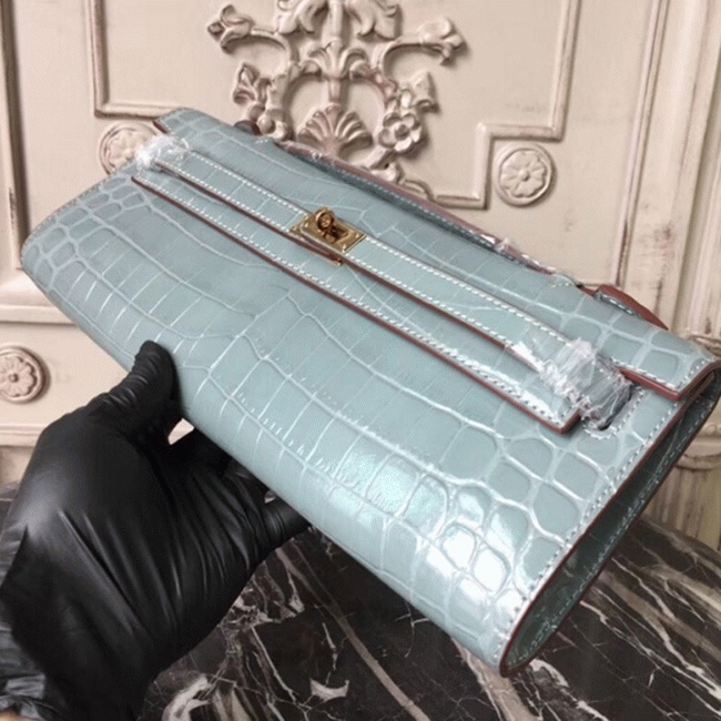 Blue Lin Crocodile Copy Hermes Kelly Cut Clutch Elegant Purse angle 3