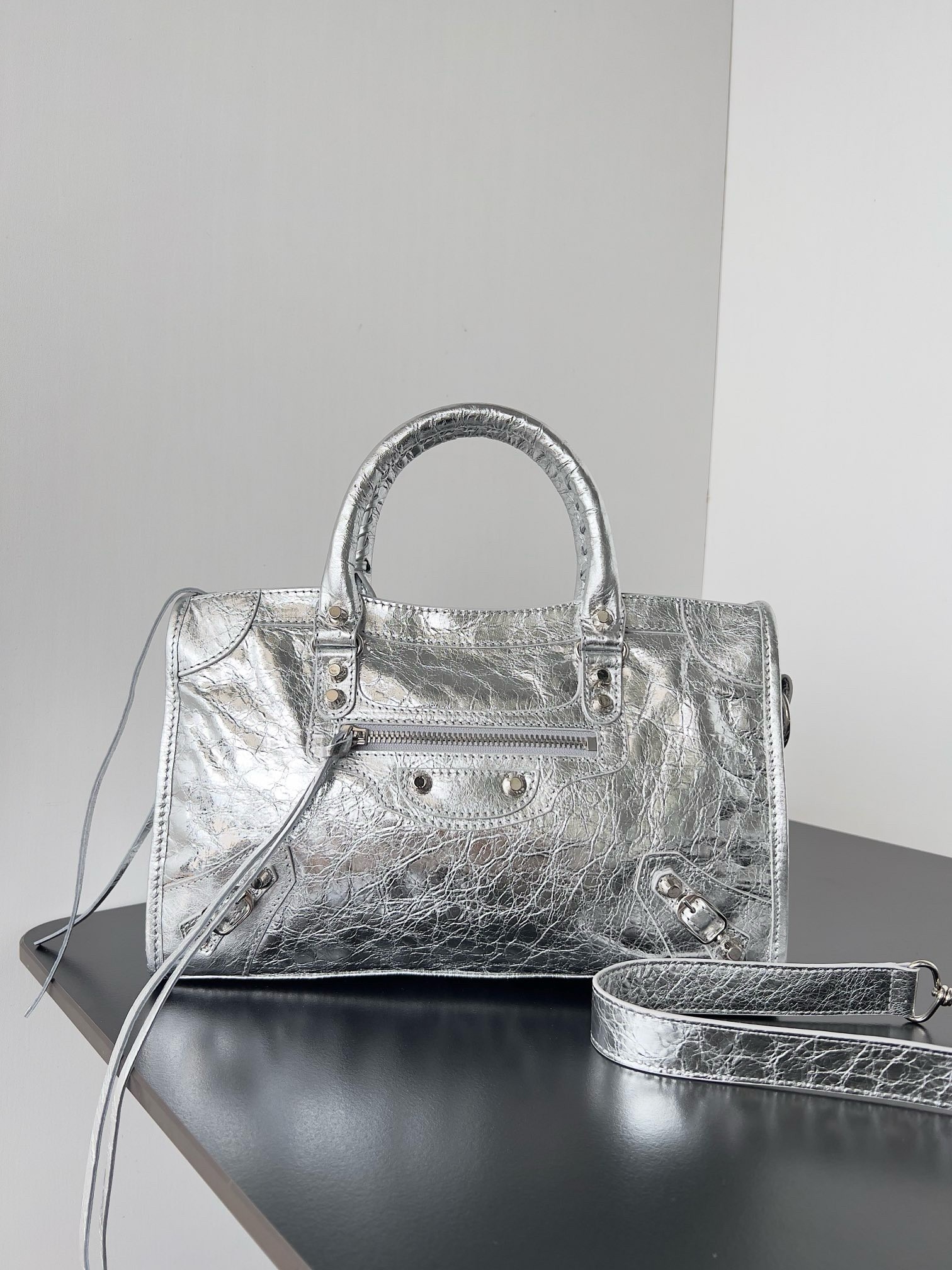Knockoff Balenciaga Le City Small Bag Silver Metallic Lambskin angle 3