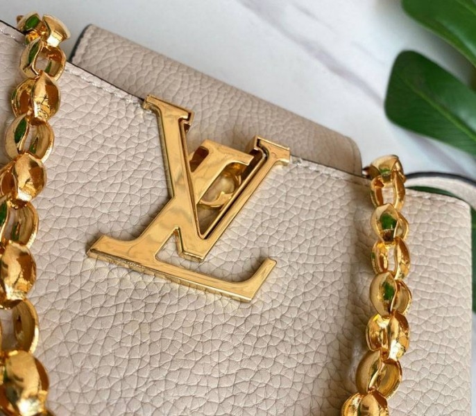 Louis Vuitton Capucines Mini Chain Bag In Beige angle 2