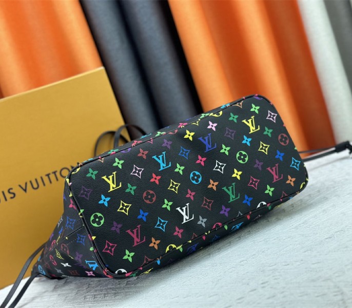 Louis Vuitton X TM Multicolored Neverfull MM In Black angle 5