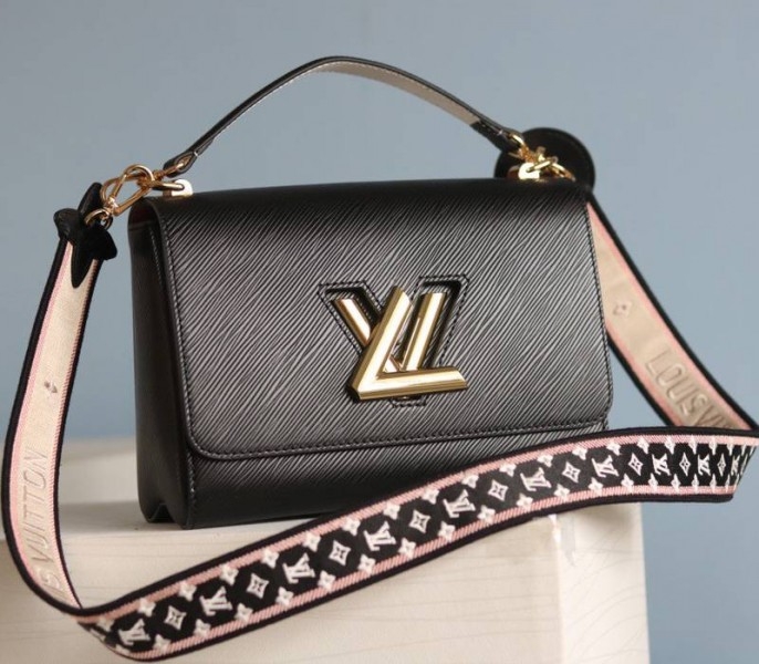Louis Vuitton Epi Leather Twist MM Handbag In Black With Embroidered Strap angle 2