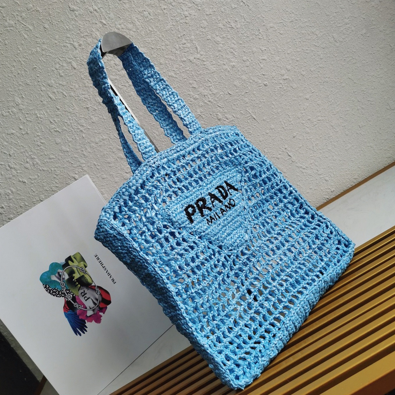 Prada Small Tote Bag Knockoff in Blue Woven Raffia angle 4