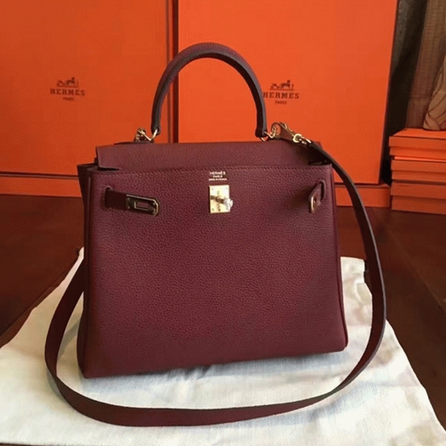 Bordeaux Clemence Replica Hermes Kelly 25cm Retourne Tote angle 2