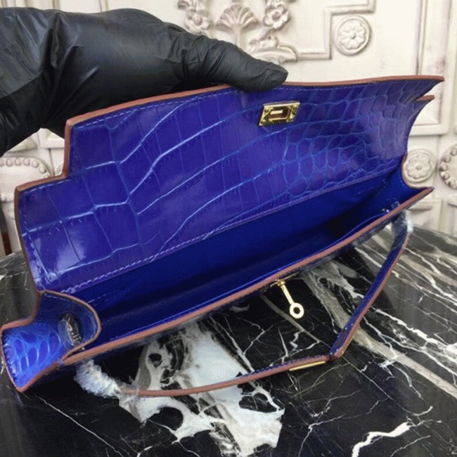 Blue Electric Crocodile Replica Hermes Kelly Cut Clutch Bold Statement angle 5