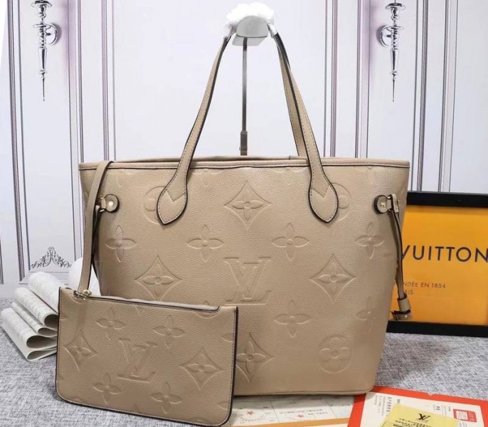 Louis Vuitton Monogram Empreinte Neverfull MM Tote In Beige