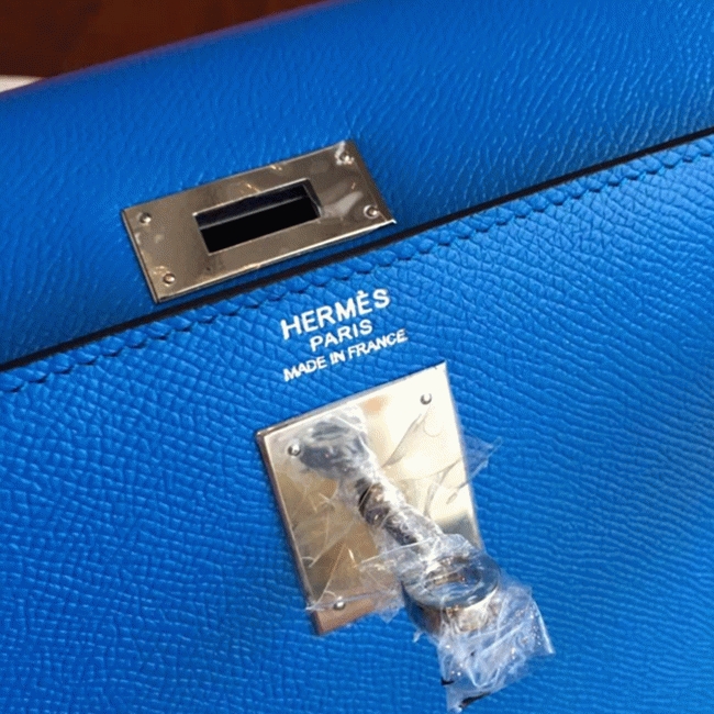 Blue Epsom Fake Hermes Kelly 32cm Sellier Fashion Handbag angle 4