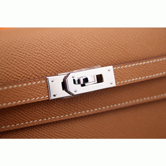 Brown fake designer Hermes Kelly Longue wallet angle 2