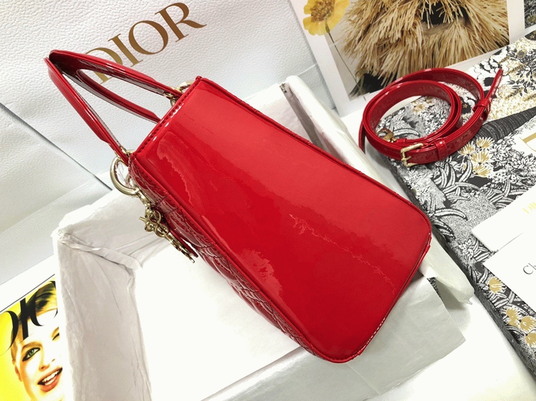 Dior Small Lady Dior Bag Replica in Red Patent Cannage Calfskin angle 3