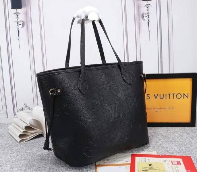 Louis Vuitton Monogram Empreinte Neverfull MM Tote In Black angle 2