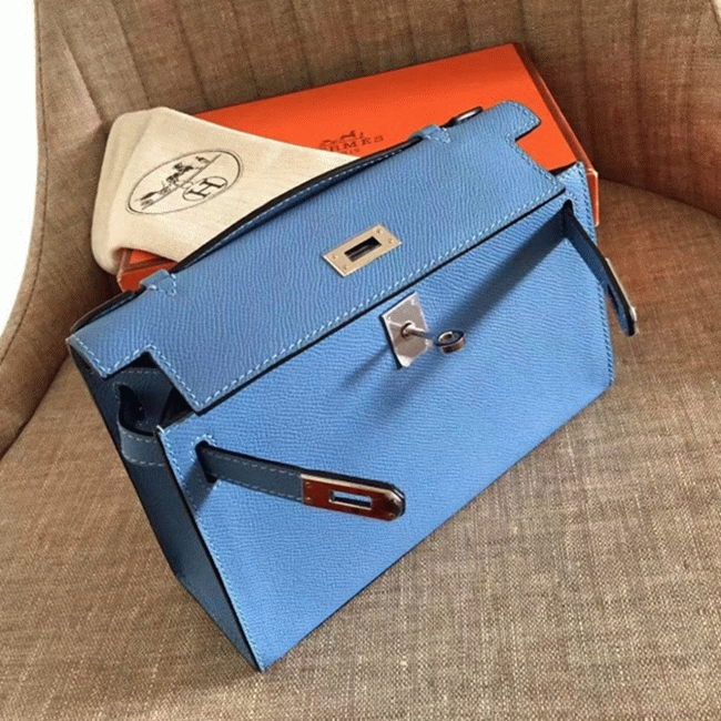 Celeste Epsom Knockoff Hermes Kelly Pochette Light Blue Clutch angle 5