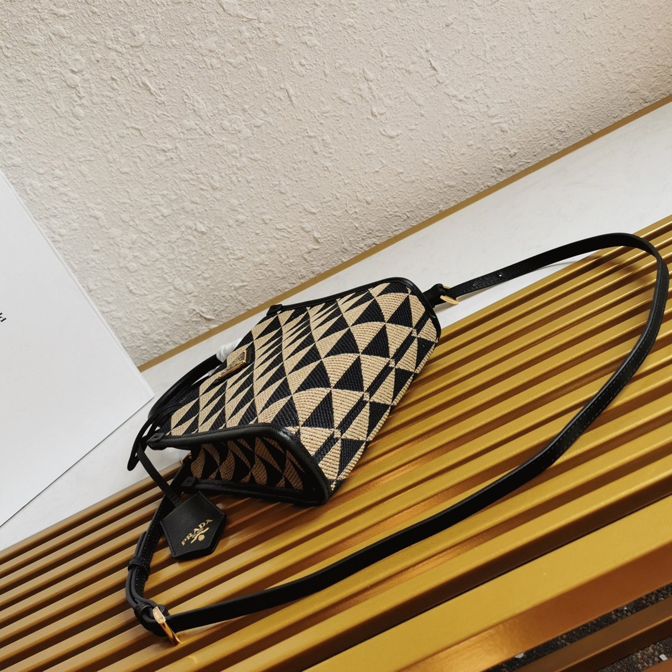 Prada Symbole Micro Bag Fake in Black/Beige Jacquard Fabric angle 3