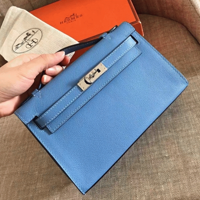 Celeste Epsom Knockoff Hermes Kelly Pochette Light Blue Clutch