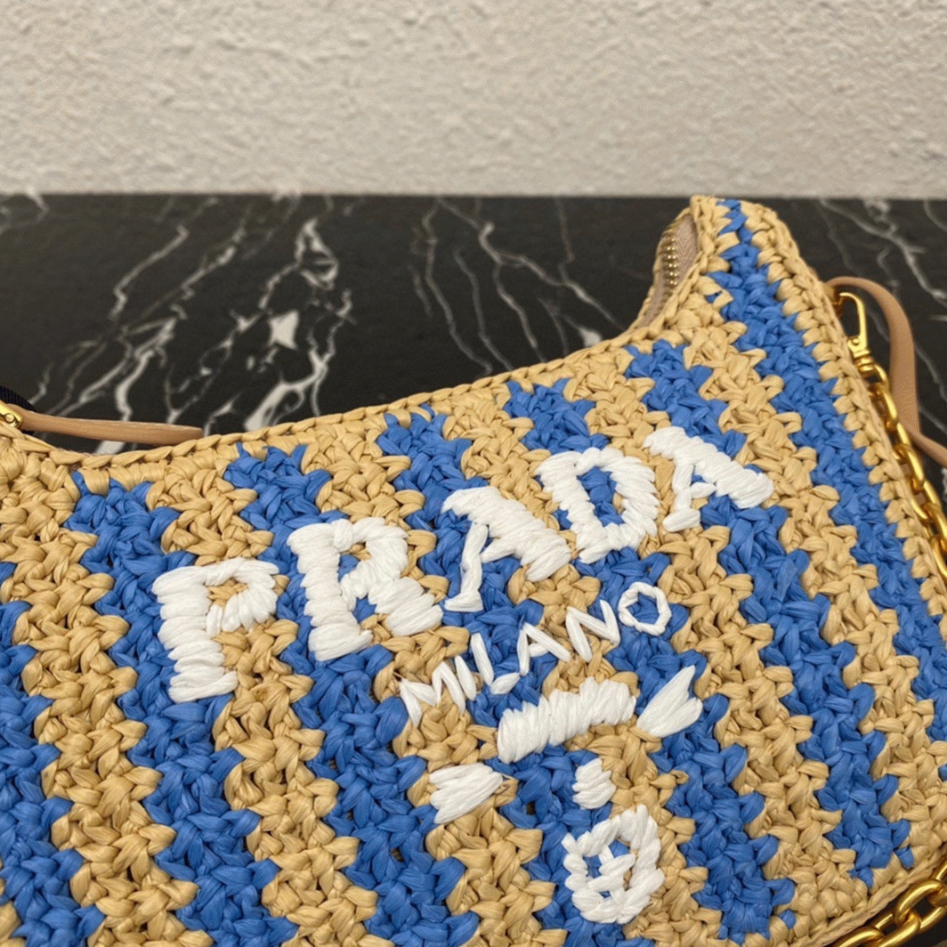 Prada Re-Edition Bag Fake in Beige and Blue Stripe angle 4