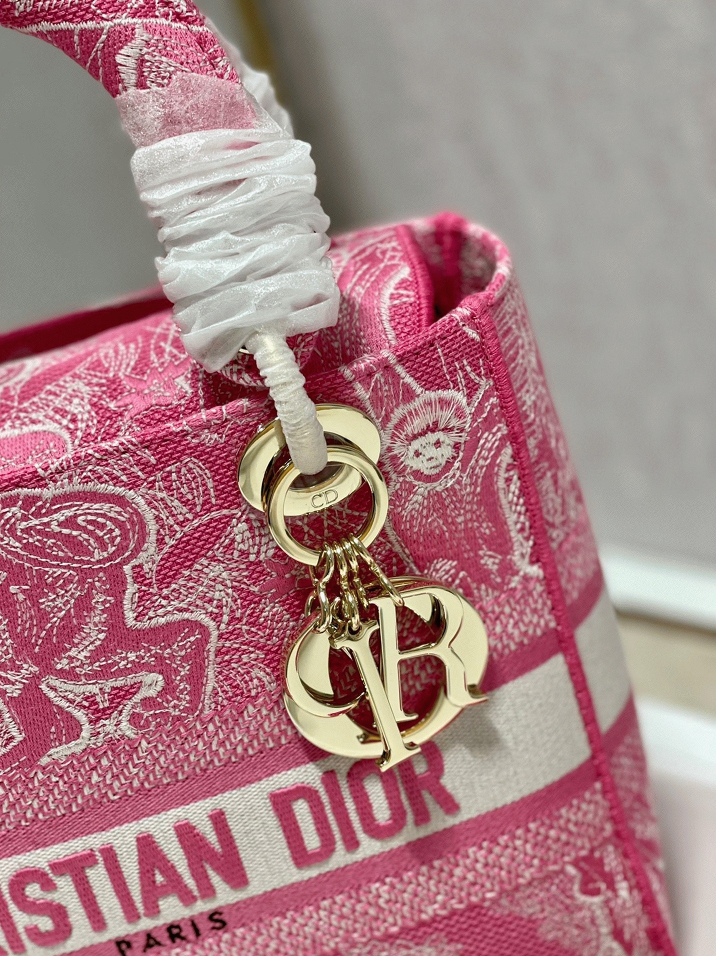 Dior Lady D-Lite Medium Bag Replica in Fluorescent Pink Toile de Jouy Reverse Embroidery angle 4