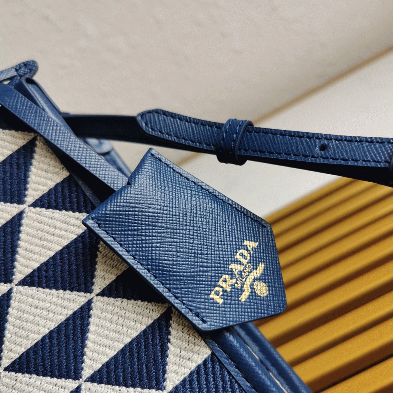Prada Symbole Micro Bag Replica in White/Blue Jacquard Fabric angle 2