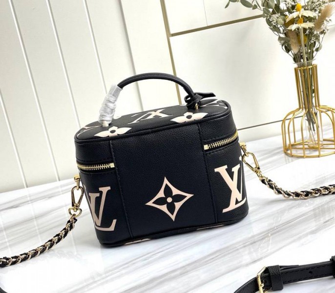 Louis Vuitton Bicolor Monogram Empreinte Vanity PM Bag In Black And Beige angle 3