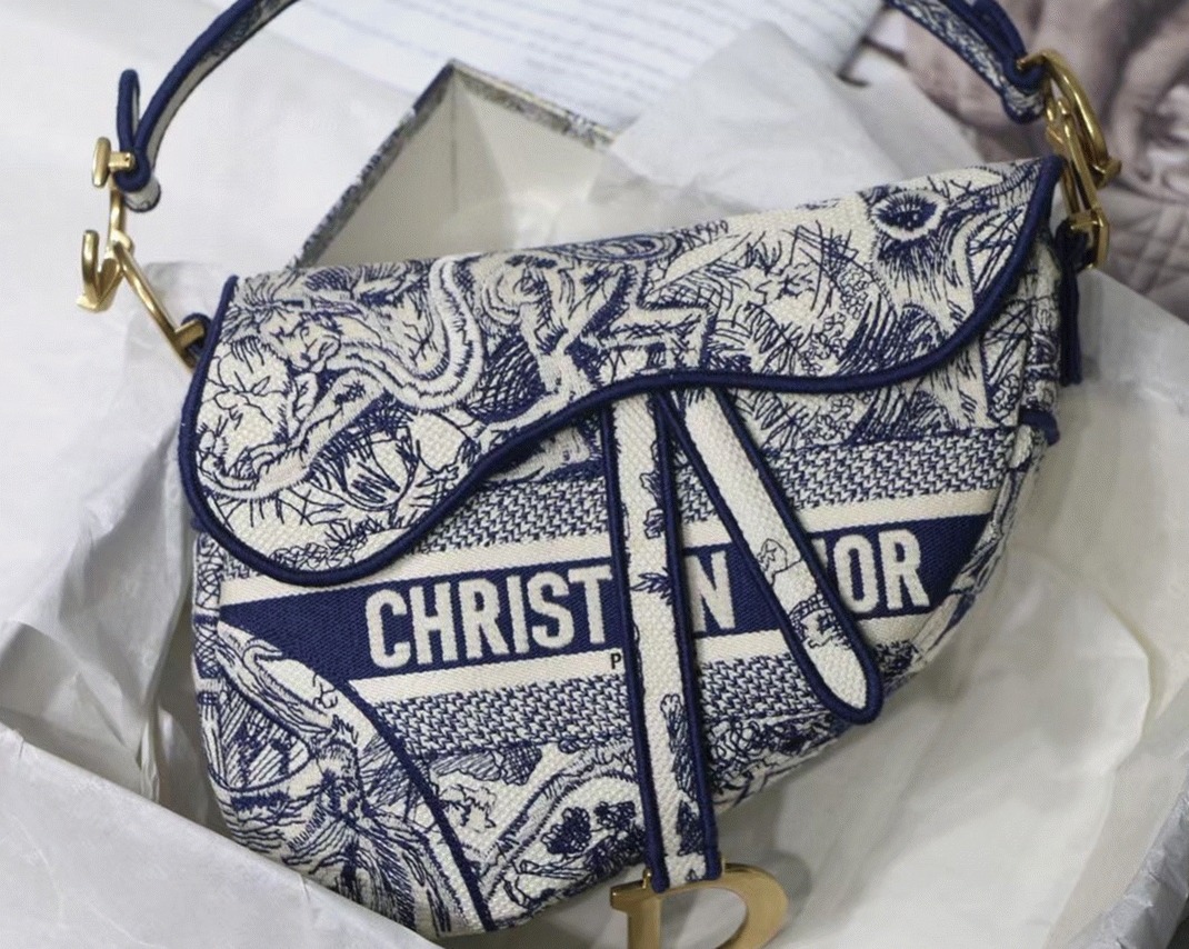 Dior Saddle Bag Replica in Blue Toile de Jouy Embroidery angle 3
