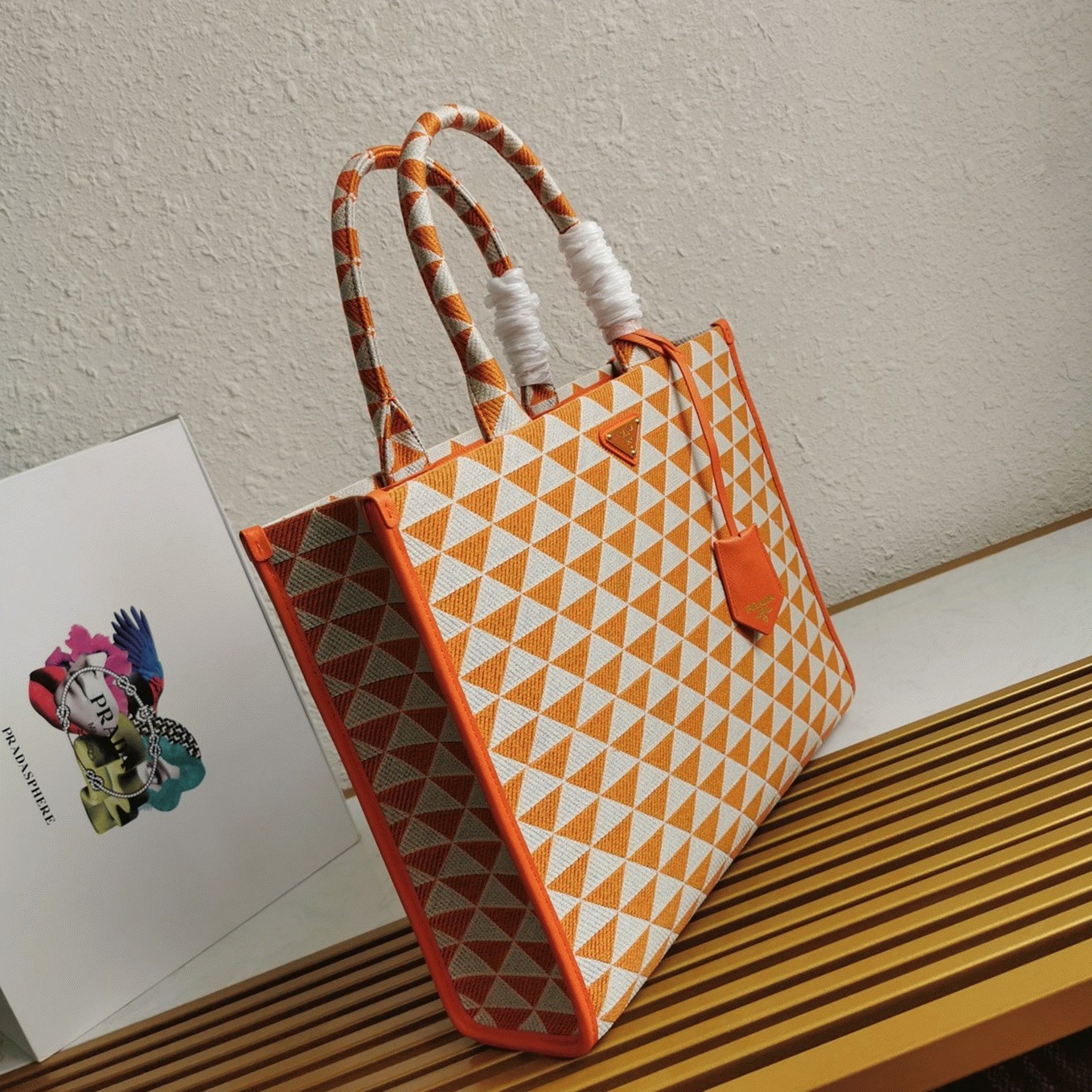 Prada Symbole Large Bag Imitation in Orange/White Jacquard Fabric angle 4