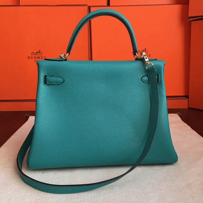 Blue Paon Clemence Fake Hermes Kelly Retourne 32cm Handbag angle 4