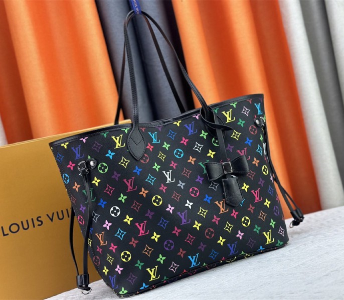 Louis Vuitton X TM Multicolored Neverfull MM In Black angle 4