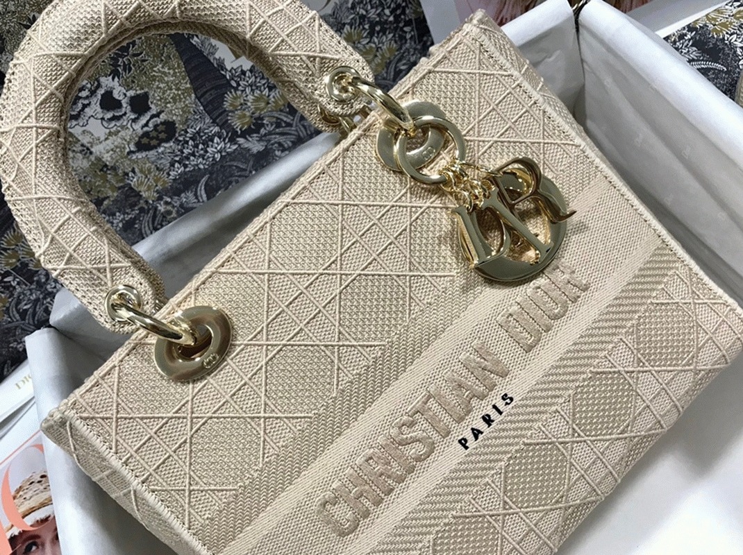 Dior Lady D-Lite Medium Bag Knockoff in Beige Cannage Embroidered Canvas angle 5