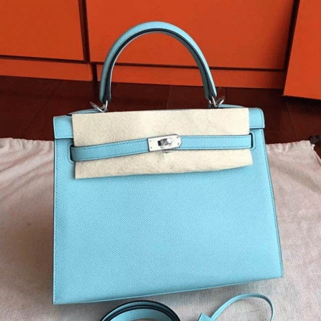 Blue Atoll Epsom Fake Hermes Kelly 25cm Sellier Elegant Handbag