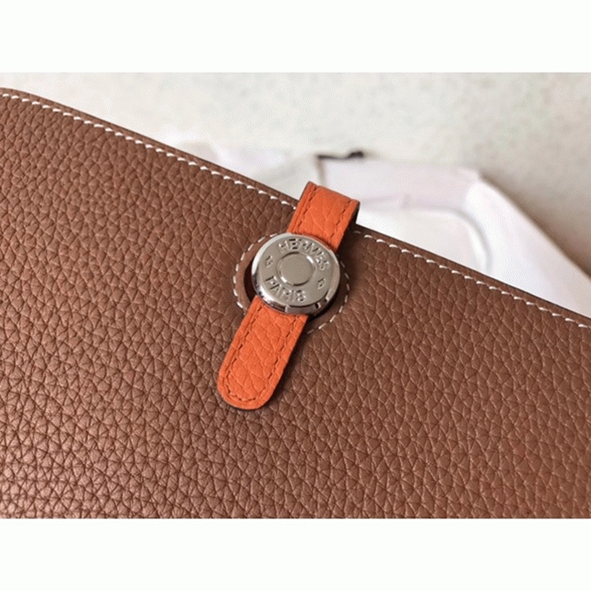 Brown orange replica Hermes Dogon duo wallet angle 5