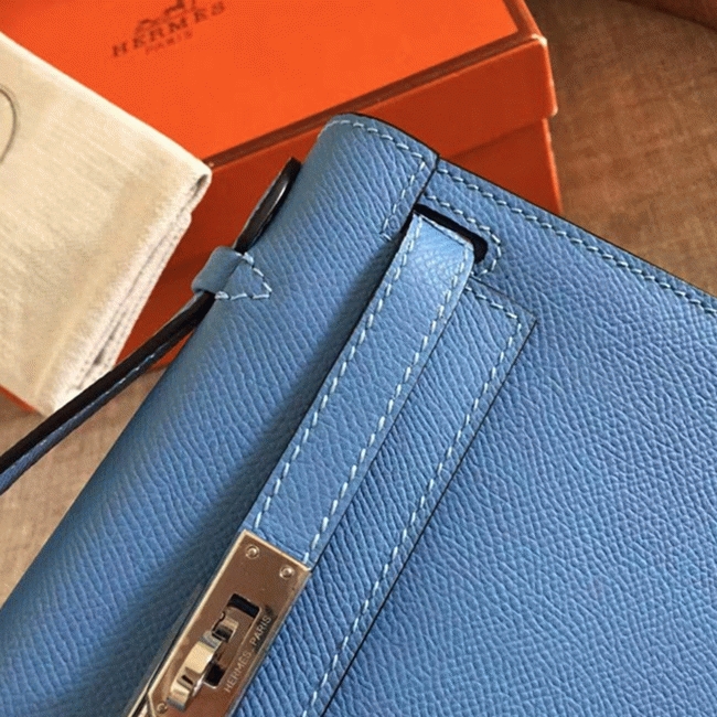 Celeste Epsom Knockoff Hermes Kelly Pochette Light Blue Clutch angle 3