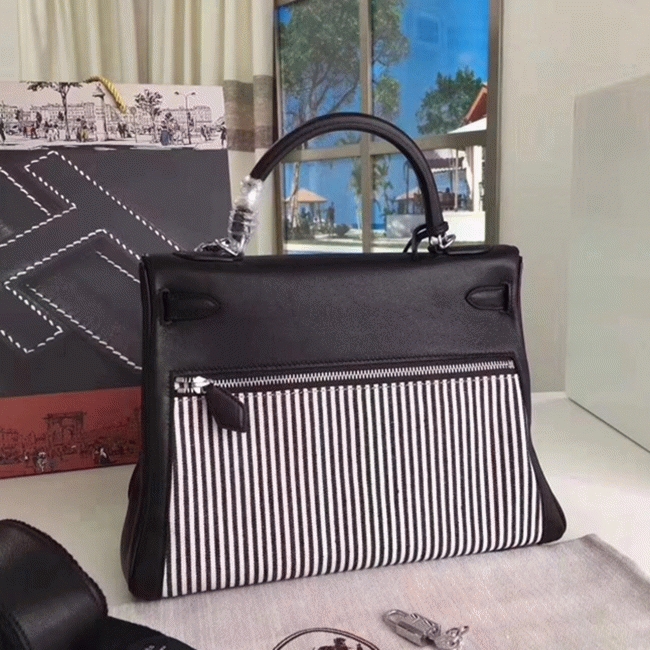 Black Toile Swift Knockoff Hermes Kelly Lakis 32cm Hybrid Bag angle 5