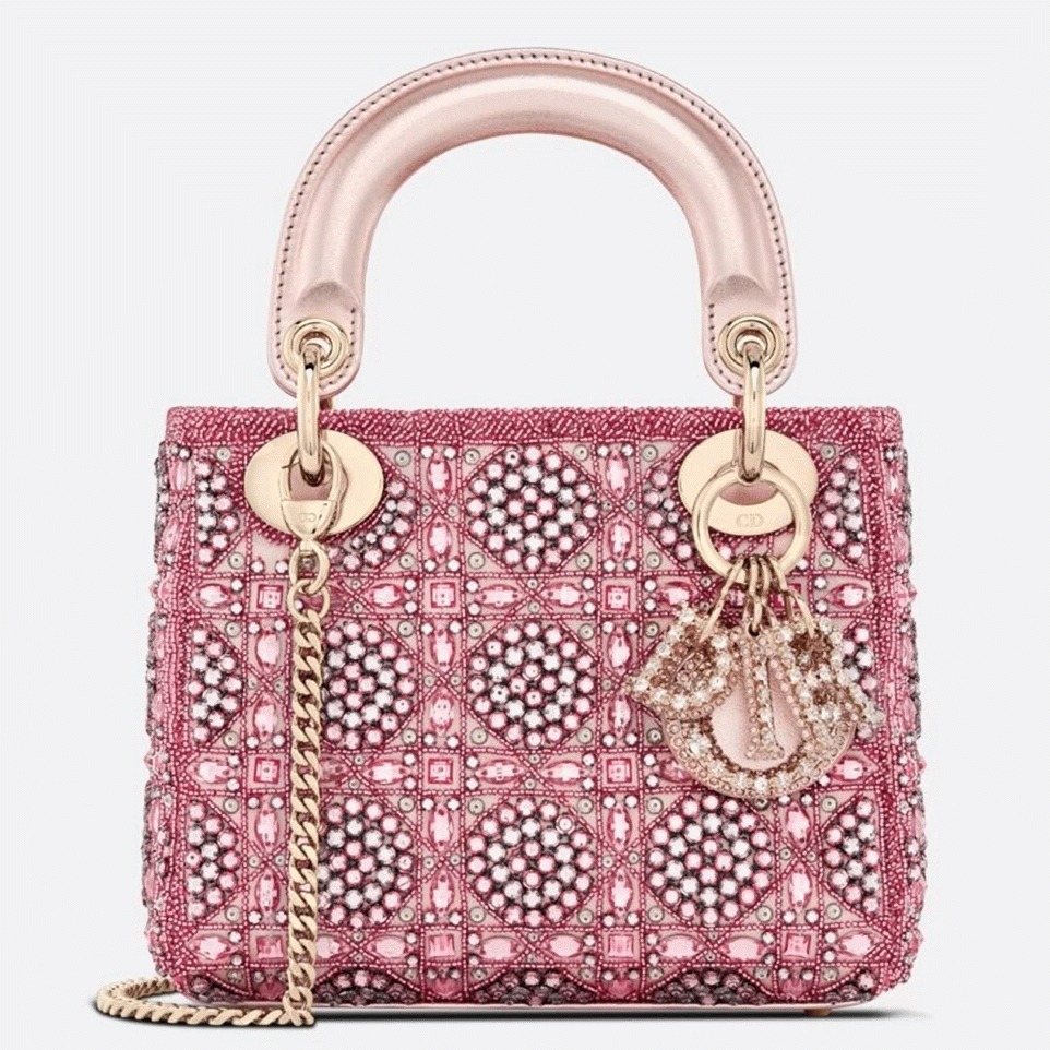 Dior Lady Dior Mini Chain Bag Fake in Satin with Pink Resin Pearl Embroidery