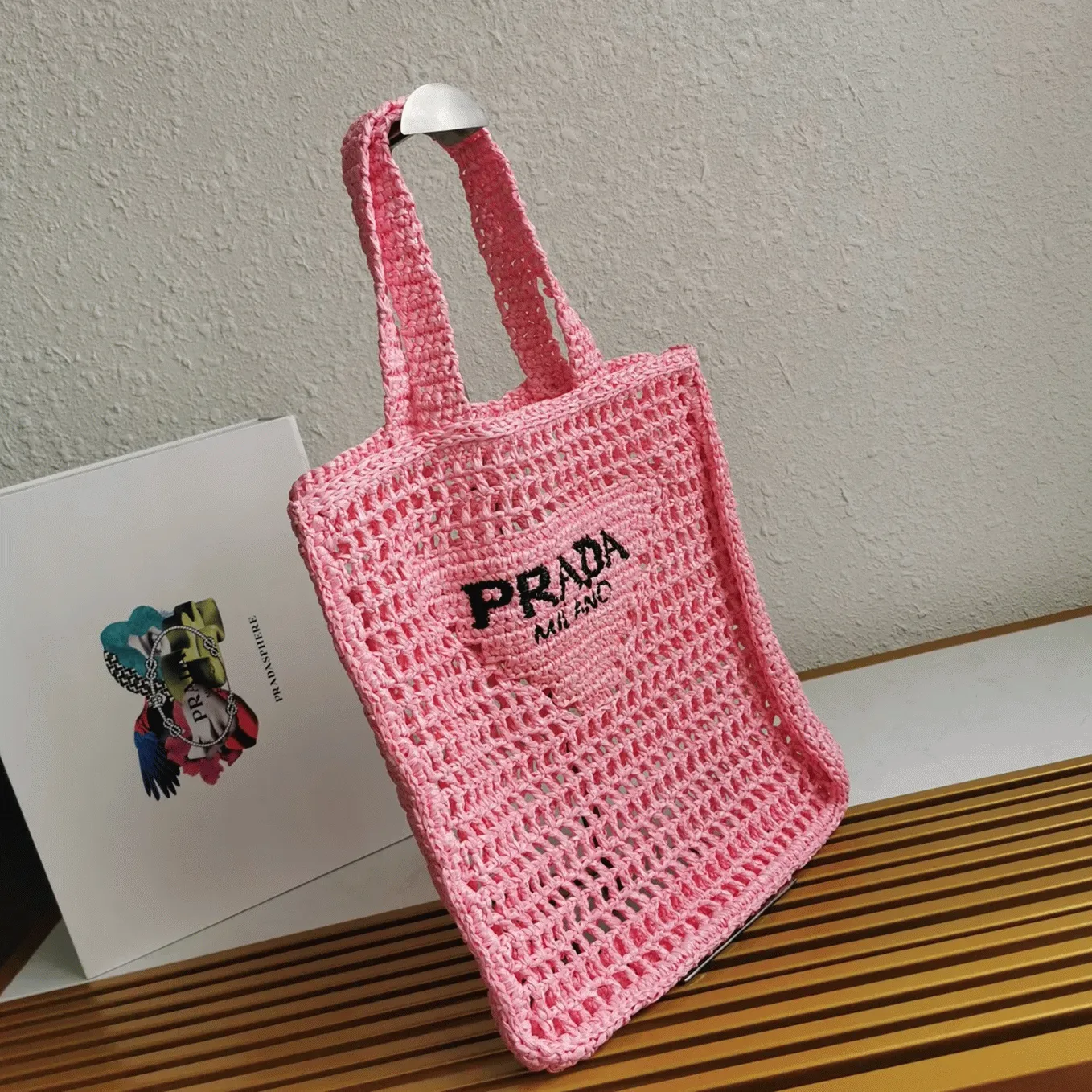 Prada Small Tote Bag Imitation in Pink Woven Raffia angle 2