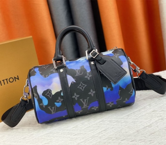 Louis Vuitton Monogram Eclipse Keepall Bandouliere 25 Travel Bag In Blue And Purple Sunrise