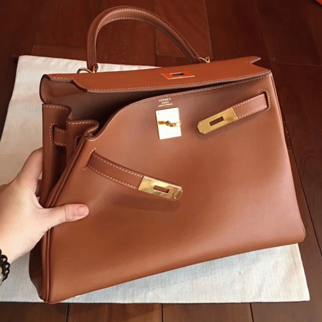 Brown Swift Fake Hermes Kelly Retourne 32cm Soft Leather Handbag angle 3