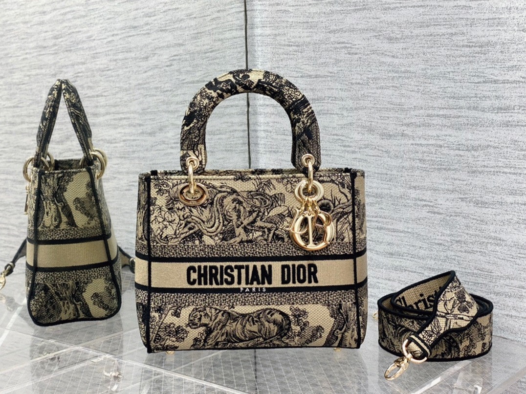Dior Lady D-Lite Medium Bag Faux in Brown Toile de Jouy Embroidery angle 4