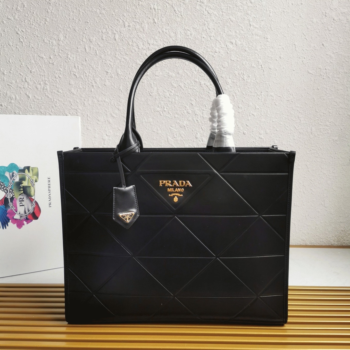 Prada Symbole Large Bag Replica with Topstitching in Black angle 4