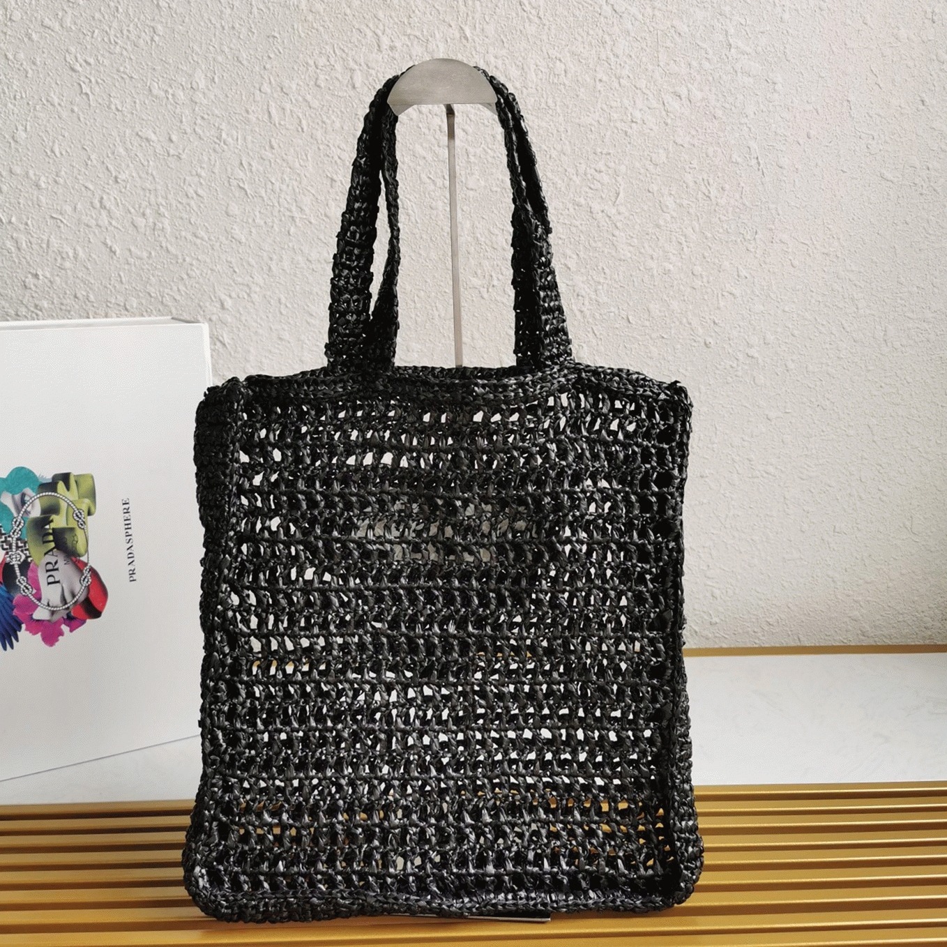 Prada Small Tote Bag Replica in Black Woven Raffia angle 2