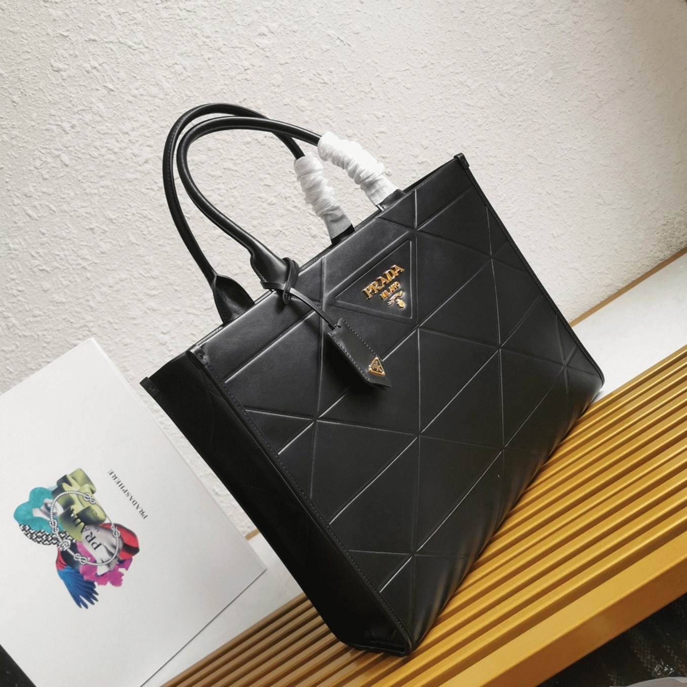 Prada Symbole Large Bag Replica with Topstitching in Black angle 3