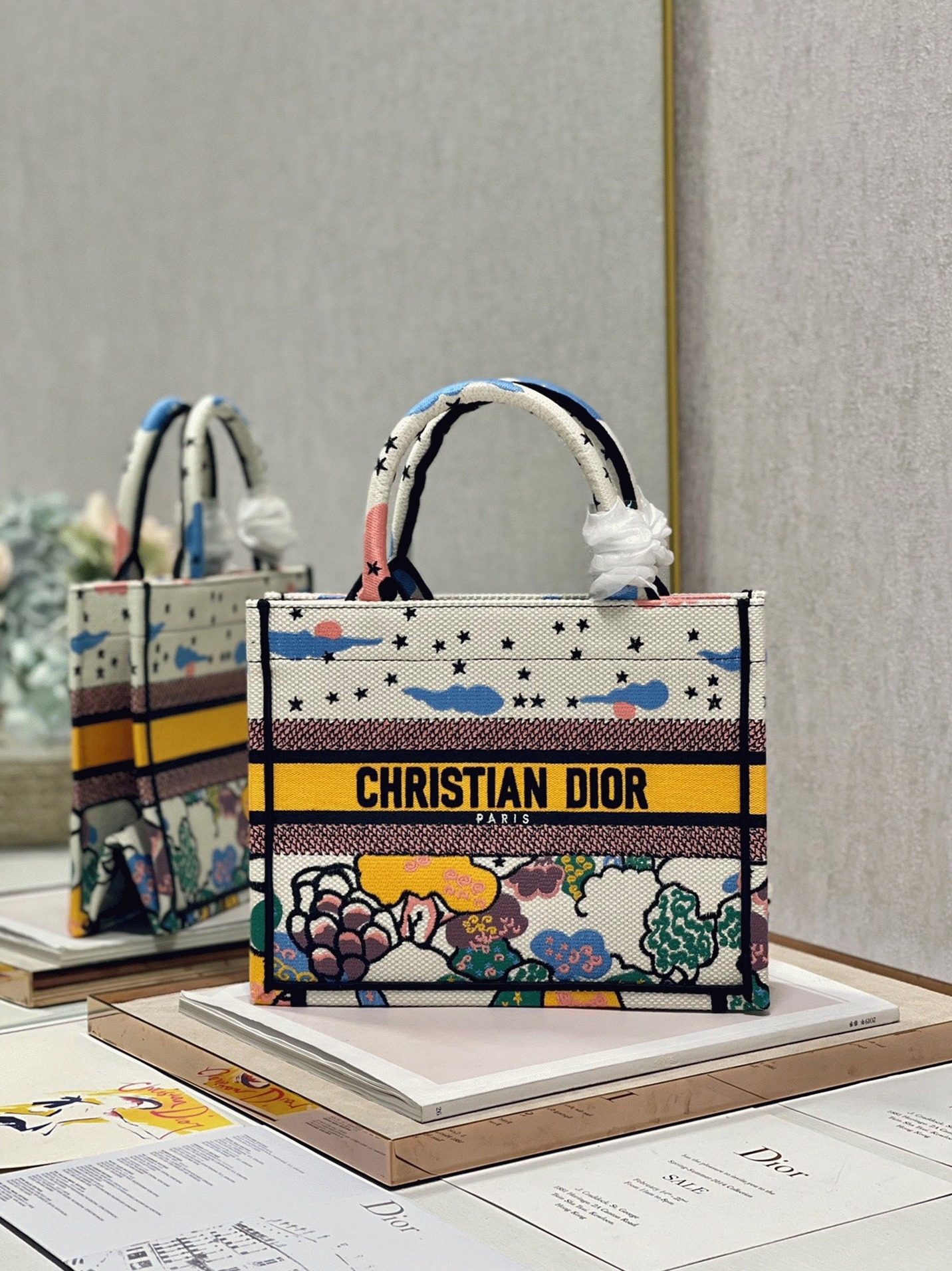 Dior Large Book Tote Bag Faux in White Pixel Zodiac Embroidery angle 3
