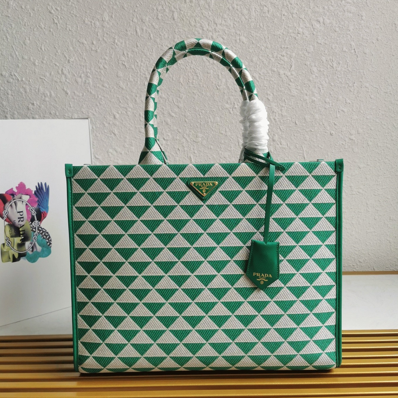 Prada Symbole Large Bag Fake in Green/White Jacquard Fabric angle 3